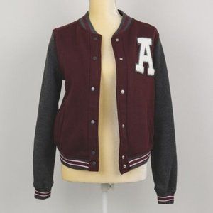 Small "A" Letterman Varsity Bomber Jacket, Button Up Sweatshirt Pockets Light